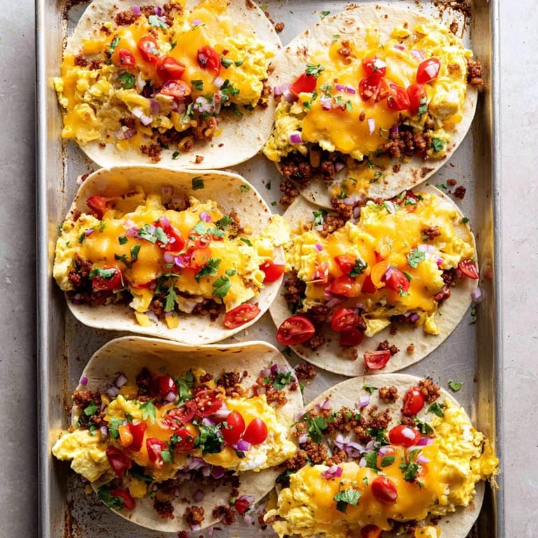 A close-up of Sheet Pan Breakfast Tacos with bubbly cheddar, diced tomatoes, and a side of zesty salsa.  