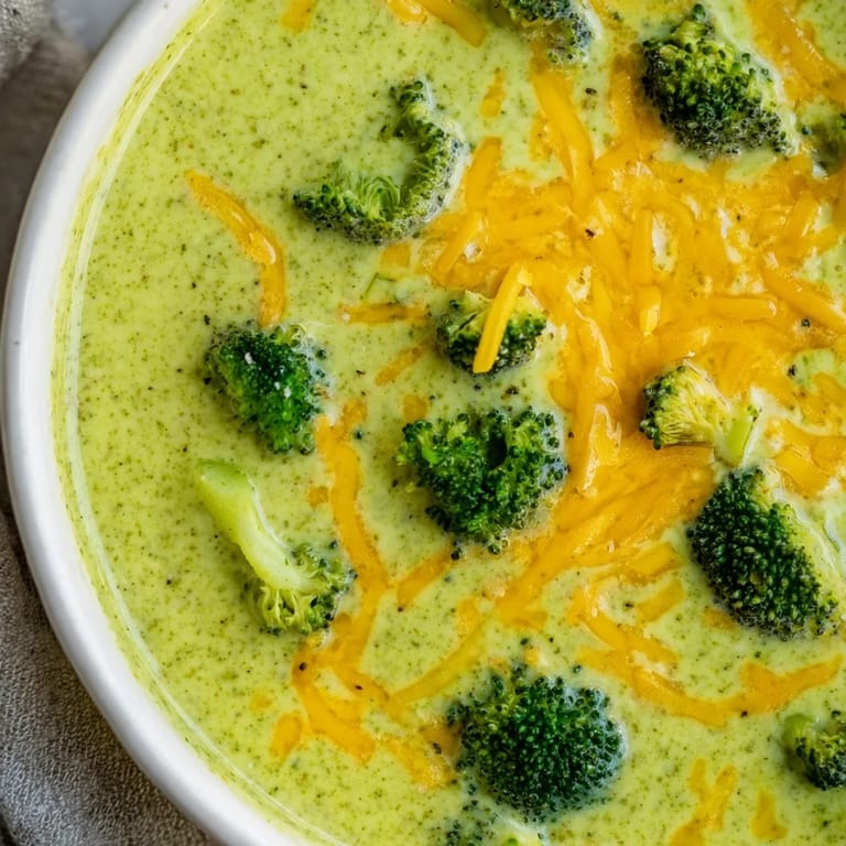 Golden-roasted broccoli blended into velvety Broccoli Cheddar Soup, ladled into a ceramic mug with a cheese pull.