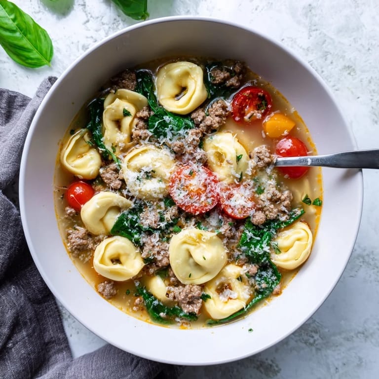 Cozy bowl of Tortellini Beef Soup served with crusty bread alongside.