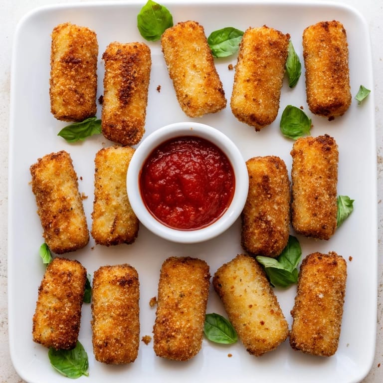 A serving of Air Fryer Mozzarella Sticks arranged on a plate, ready to be enjoyed as a quick appetizer.
