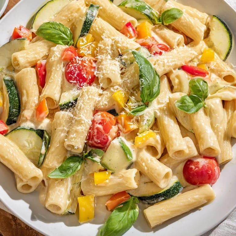 One-Pot Creamy Pasta Primavera served hot, garnished with fresh basil and extra grated parmesan in a rustic white bowl.