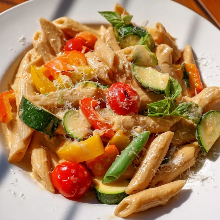 Vibrant One-Pot Creamy Pasta Primavera featuring al dente penne, snap peas, and carrots tossed in a rich, creamy sauce.