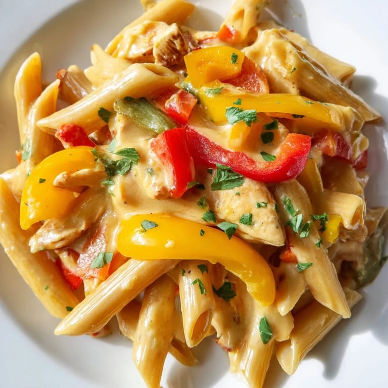 An overhead view of the Chicken Fajita Pasta skillet, featuring golden penne pasta, vibrant vegetables, and garnishes ready for a weeknight dinner.