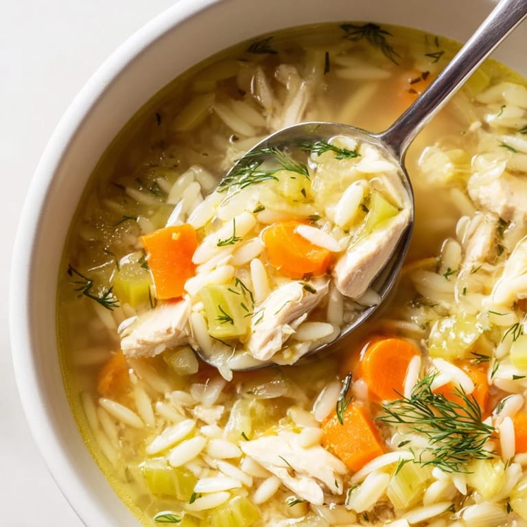 Hearty Chicken Lemon Orzo Soup served with crusty bread, showcasing fresh parsley and zesty lemon garnish.