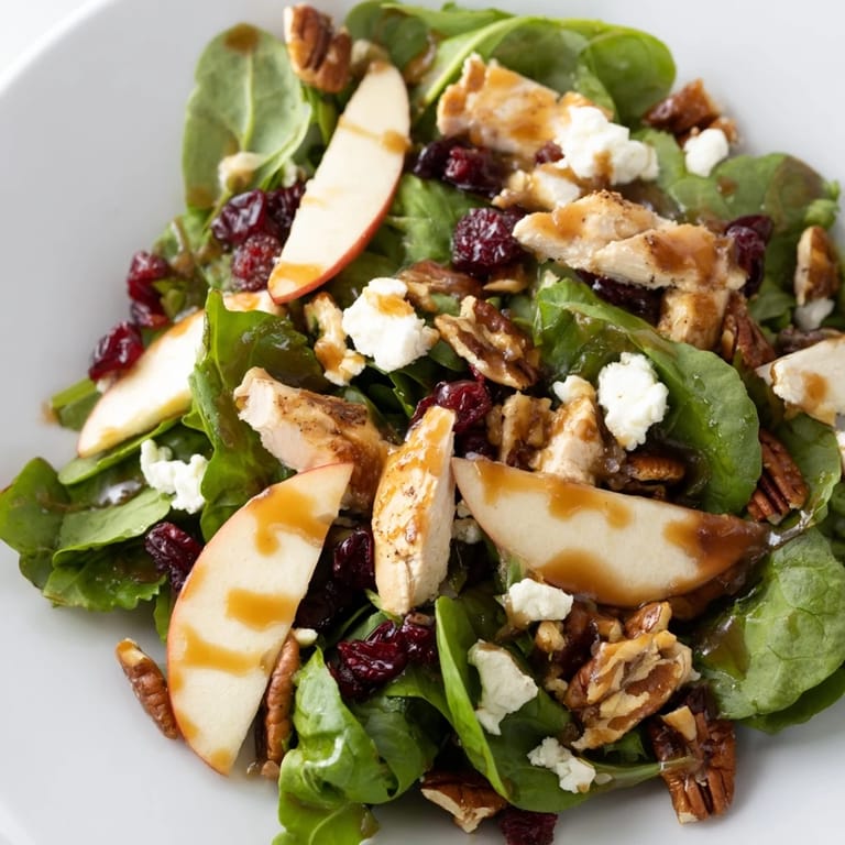A close-up of Caramel Apple Chicken Salad showing feta, dried cranberries, and toasted pecans in soft autumn light.