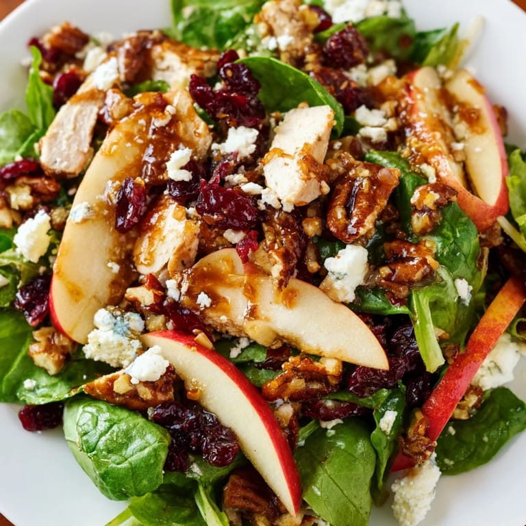 Garnished Caramel Apple Chicken Salad with red onion, fresh greens, and drizzle of caramel dressing, ready to serve.