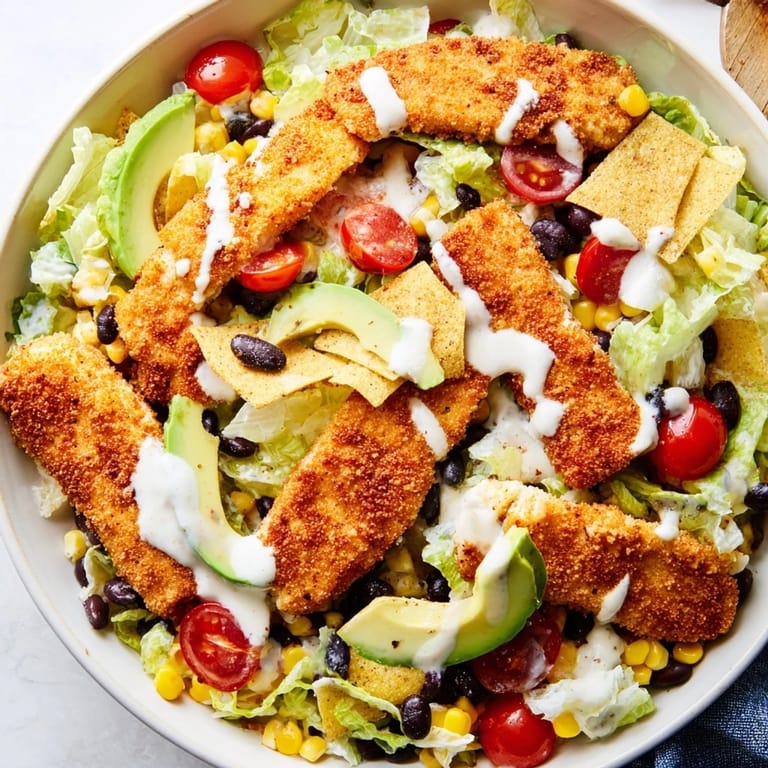 Colorful Crispy Chicken Taco Salad featuring juicy spiced chicken, cheddar, red onion, and a zesty lime dressing.