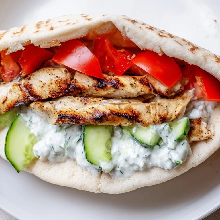 Serving suggestion for Greek Chicken Wrap filled with tender chicken and fresh vegetables on a warm pita.