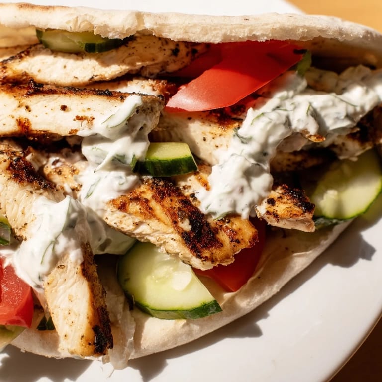 A close-up of a Greek Chicken Wrap, sliced to show layers of tzatziki sauce and Mediterranean ingredients.