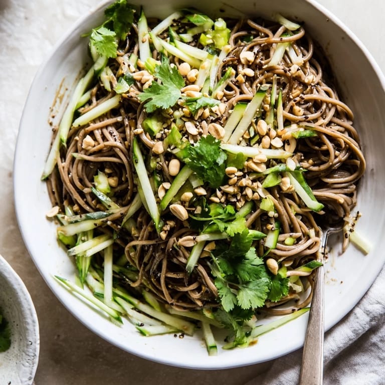 A vibrant Spicy Sesame Noodle Salad garnished with toasted sesame seeds and crunchy peanuts for a satisfying lunch.  