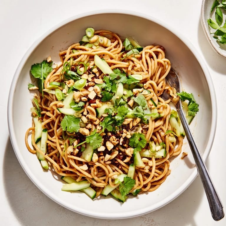 Tossed noodles with spring onions and chili oil, served on a plate for an easy vegetarian Asian-inspired dinner.