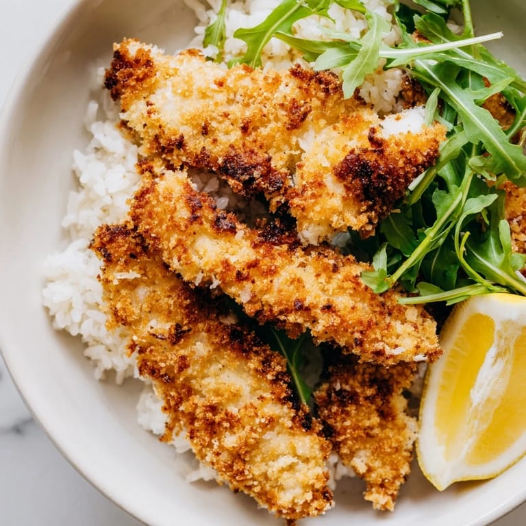 Crispy Parmesan Chicken Cutlet Bowl with sliced, golden-brown chicken, vibrant greens, and warm steamed rice.