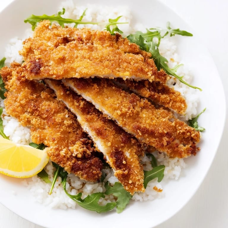 Fresh arugula and bright lemon accompany golden Parmesan-crusted chicken cutlets served in a warm rice bowl.