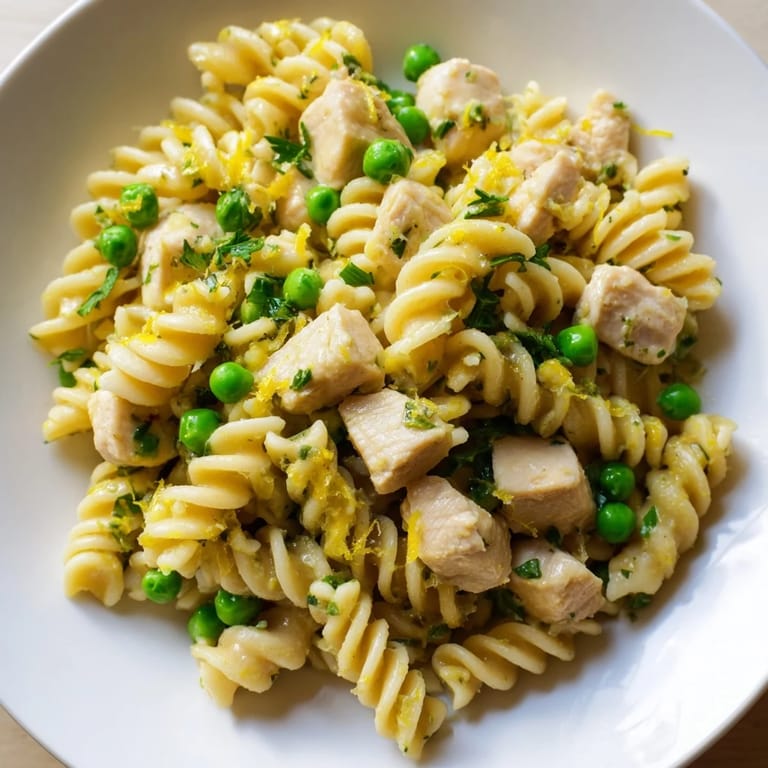Bright lemon zest and juicy peas add color and freshness to this easy Garlic Butter Chicken & Pea Pasta served in a skillet.