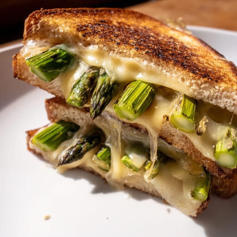 Sliced in half, the Asparagus & Brie Grilled Cheese reveals gooey Brie and bright asparagus inside.