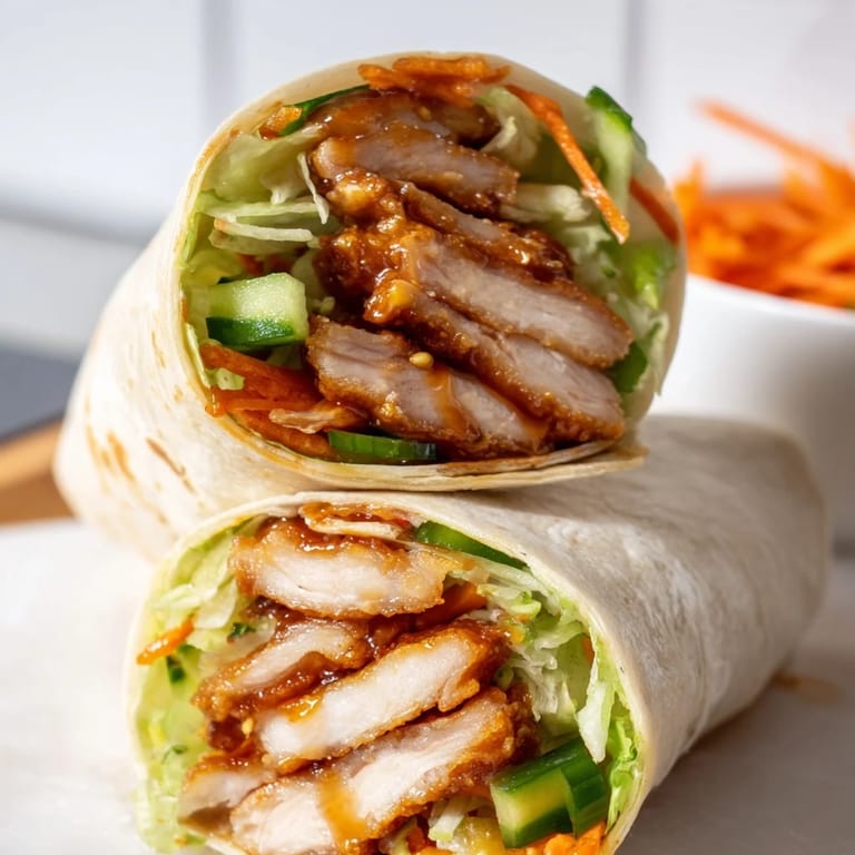 Freshly prepared Honey Chili Crunch Chicken Wrap with vibrant shredded carrots and scallions, drizzled with sweet and spicy chili crisp sauce on a wooden board.
