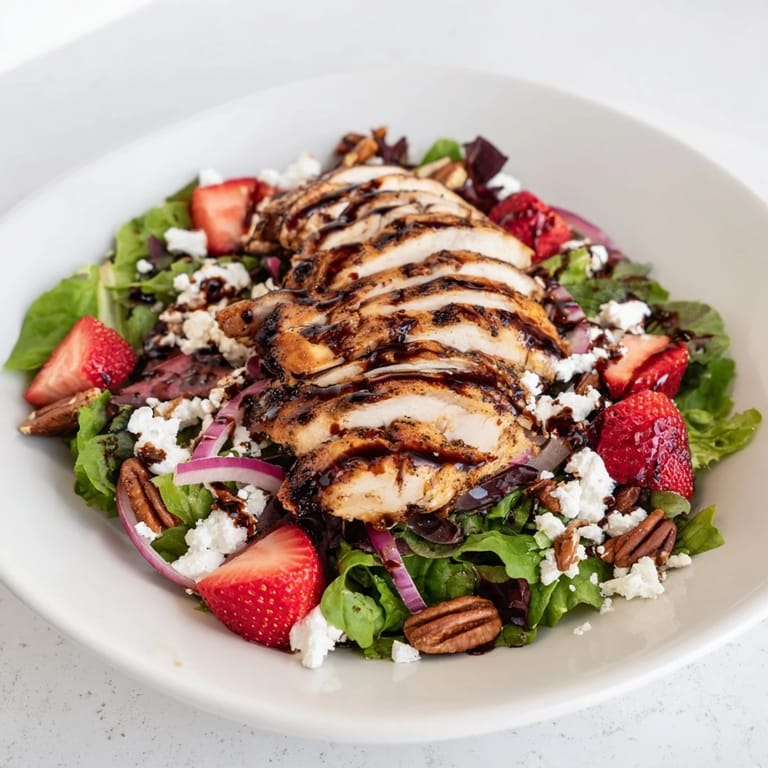 Freshly grilled Strawberry Balsamic Chicken Salad served with toasted pecans and thinly sliced red onion for a summer meal.  