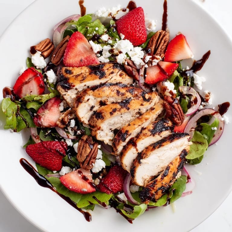 Vibrant salad of juicy strawberries, creamy feta, and tender grilled chicken tossed in a tangy balsamic glaze.