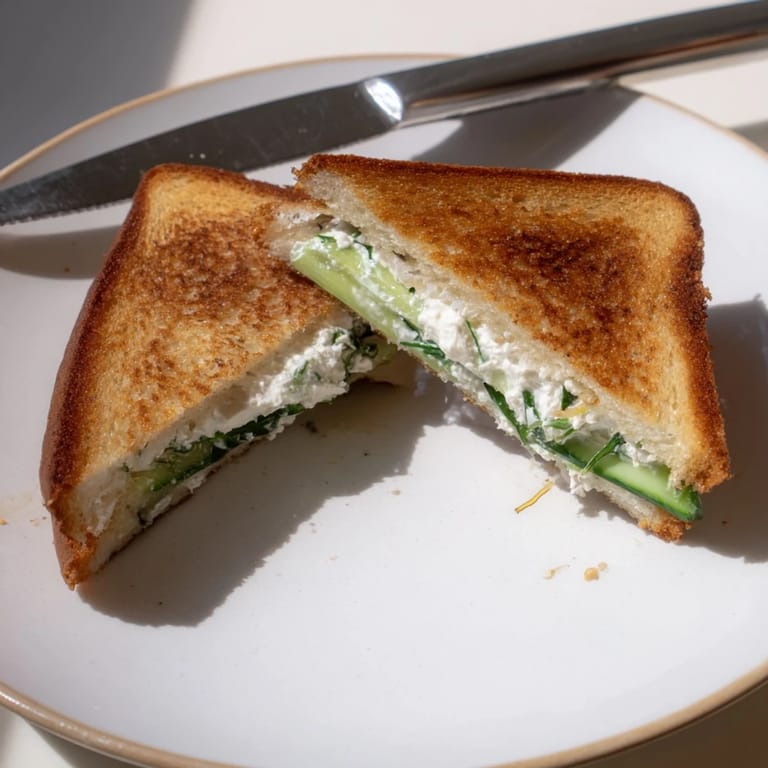 Two perfectly grilled Whipped Feta Spring Grilled Cheese sandwiches served on a white plate, garnished with fresh herbs for a bright spring meal.