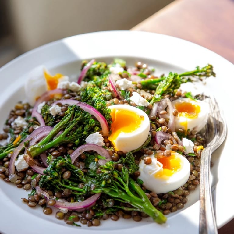 Colorful bowl of French lentil salad with crisp broccolini, soft-cooked eggs, and fresh parsley, finished with a light red wine vinaigrette.