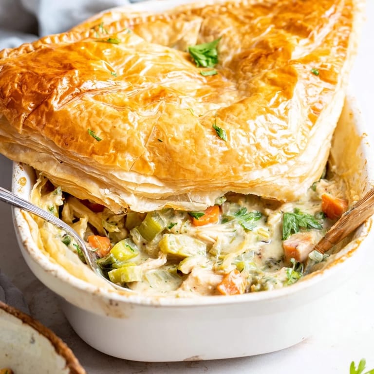 Savory Chicken and Leek Pie with a golden crust, served hot and ready for a comforting dinner.