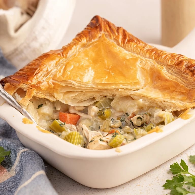 Close-up of Chicken and Leek Pie, featuring tender chicken, sautéed leeks, and a rich herb sauce.