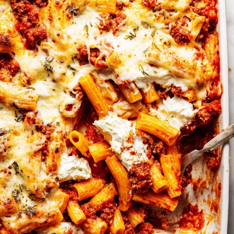 Hearty Freezer Make-Ahead Baked Ziti served as a family-style main dish, garnished with fresh basil and Parmesan.