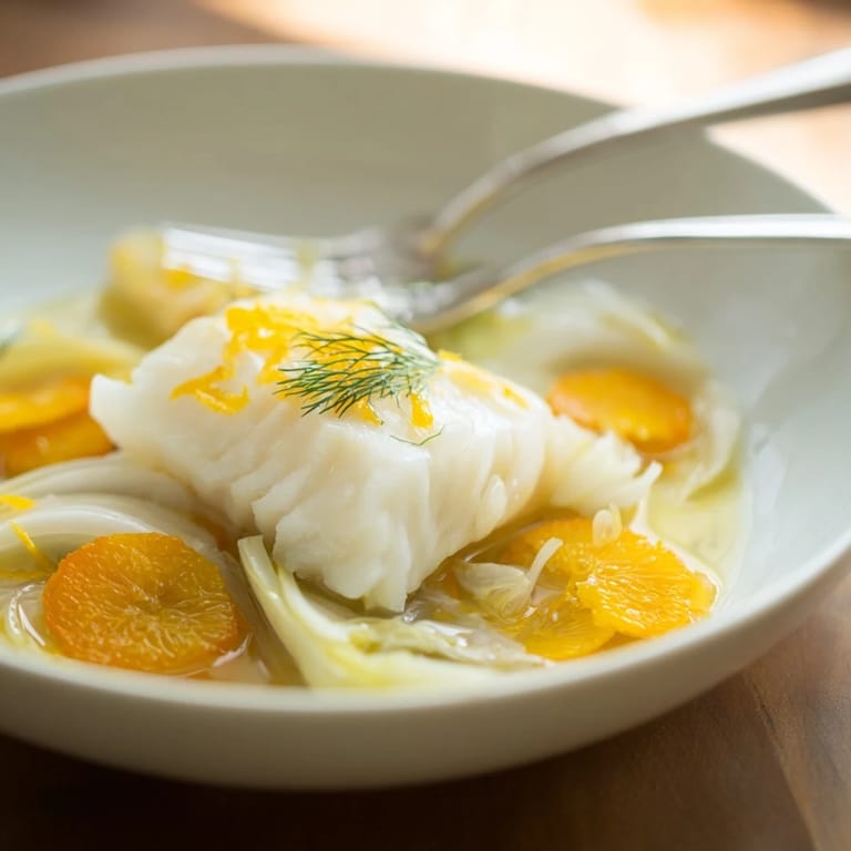 Golden-orange broth with fresh fennel fronds and delicate cod fillets, served straight from the pan for a Mediterranean-inspired meal.  