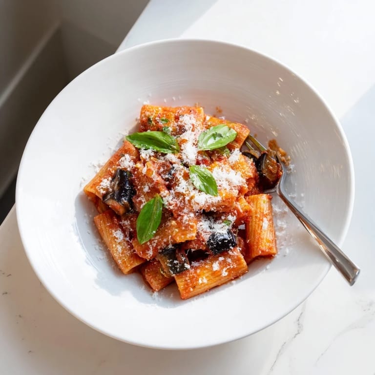 A close-up of Pasta Alla Norma highlights the tender eggplant and rich red sauce clinging to each pasta noodle.