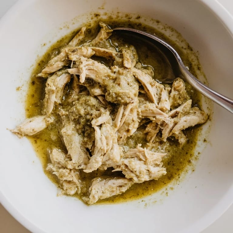 Close-up of Chicken Chili Verde served over rice with lime wedges, showcasing tender chicken in the bright, herbaceous green sauce.