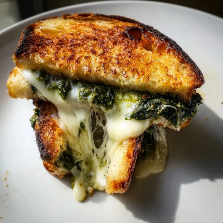A toasted Spinach Pesto Grilled Cheese on sourdough, served with a side salad and bowl of tomato soup for lunch.