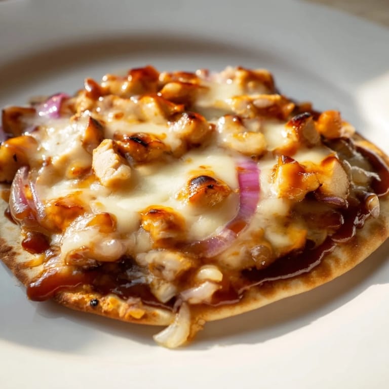 Golden-brown flatbread topped with tender grilled chicken, vibrant red onions, and bubbly mozzarella, served on a rustic wooden cutting board.