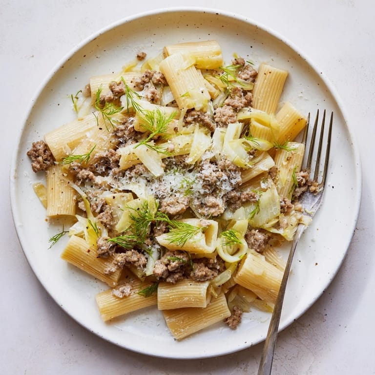 A close-up of Winter Pasta with Sausage and Fennel, featuring glossy sauce, fresh fennel fronds, and a generous sprinkle of Parmesan cheese.