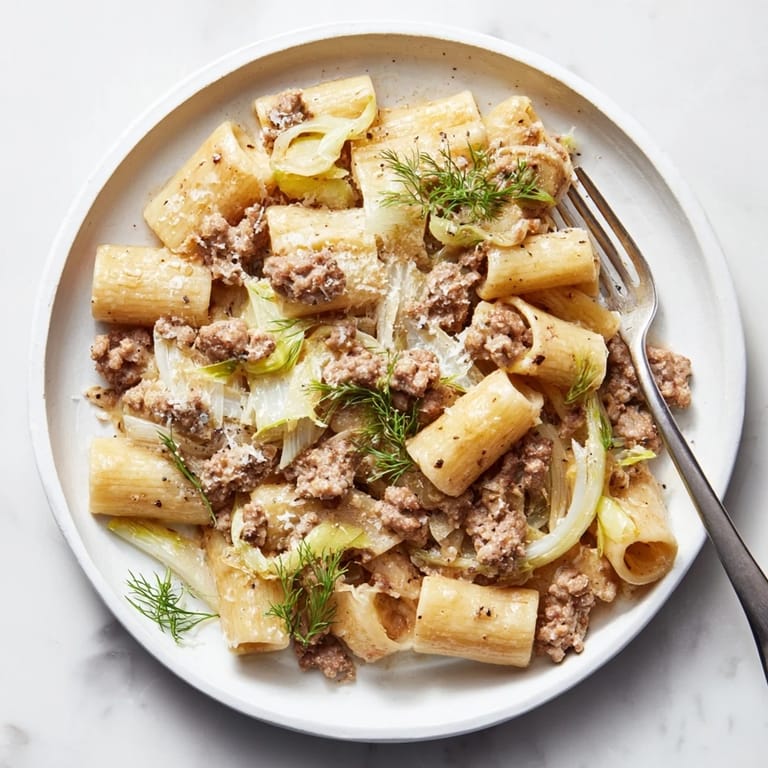 Sizzling Italian sausage and thinly sliced fennel mix in a skillet for Winter Pasta with Sausage and Fennel, ready to be tossed with pasta.
