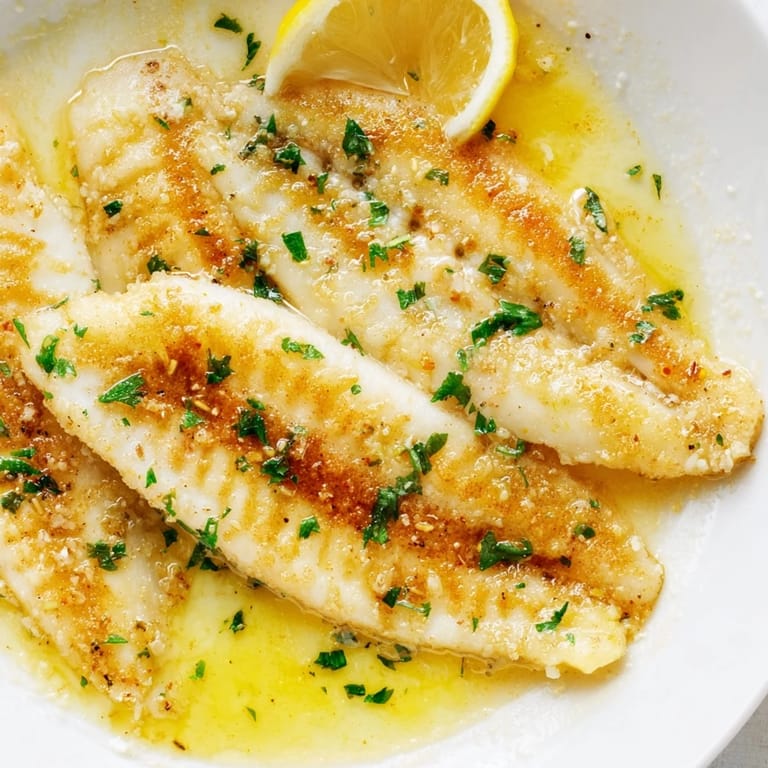 Freshly cooked flounder meunière, garnished with chopped parsley and lemon wedges, served alongside steamed green beans for a balanced weeknight meal.