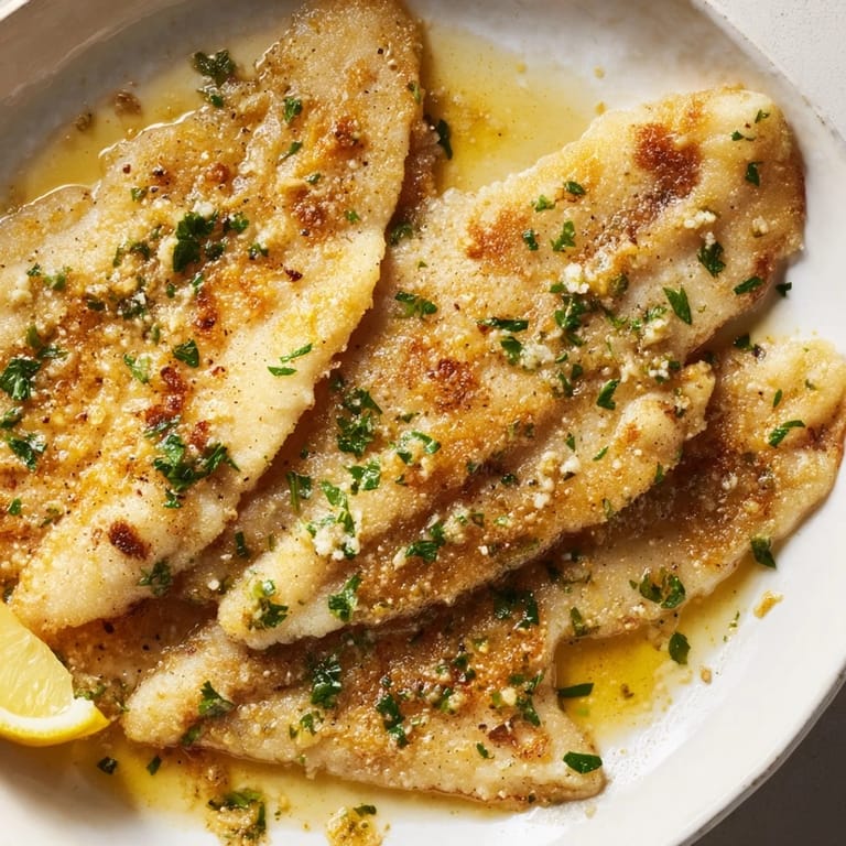 Pan-seared flounder meunière fillets with a crisp edge and delicate texture, ready to be served with roasted potatoes and a warm nutty sauce.
