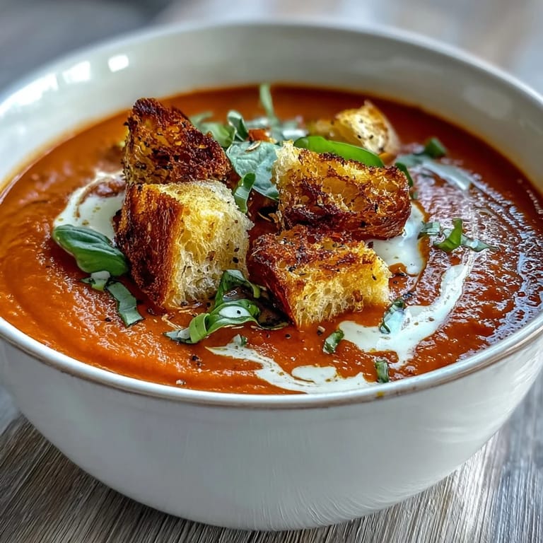Bright red Creamy Roasted Tomato Soup topped with crisp croutons and fresh basil, ready to serve.