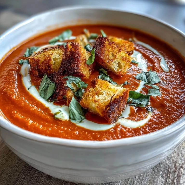 Velvety Creamy Roasted Tomato Soup swirled with rich cream, perfect with grilled cheese for a cozy meal.