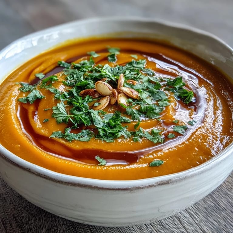 Bright and comforting Carrot Ginger Soup in a white bowl, topped with toasted pumpkin seeds, ready to enjoy as a healthy lunch.