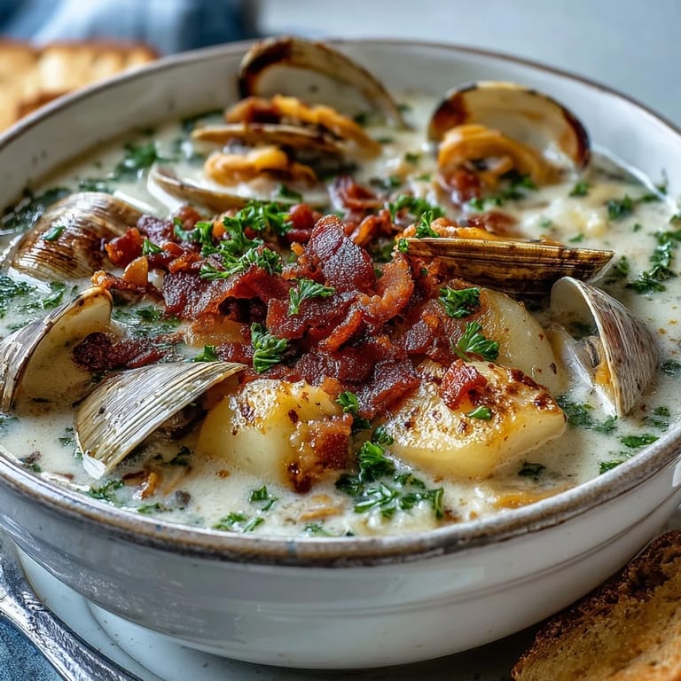 Rustic Dutch oven filled with creamy New England Clam Chowder, garnished with parsley and served with crusty bread on the side.