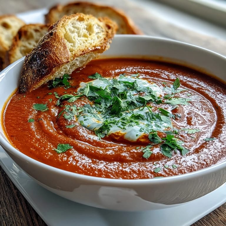 A comforting bowl of Roasted Red Pepper Soup with a drizzle of olive oil and fresh cilantro garnish.