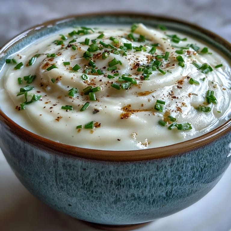 A ladle of Cream of Potato Soup pours smoothly into a bowl, showing its rich, pureed texture for a comforting meal.
