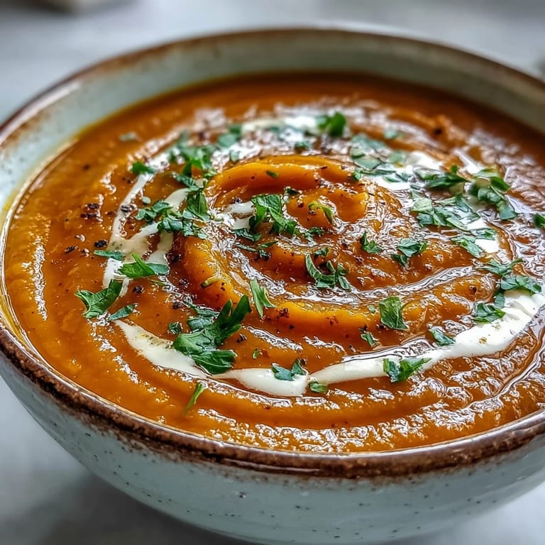 Vibrant, smooth Carrot and Lentil Soup in a rustic bowl, garnished with parsley and a dollop of yogurt.