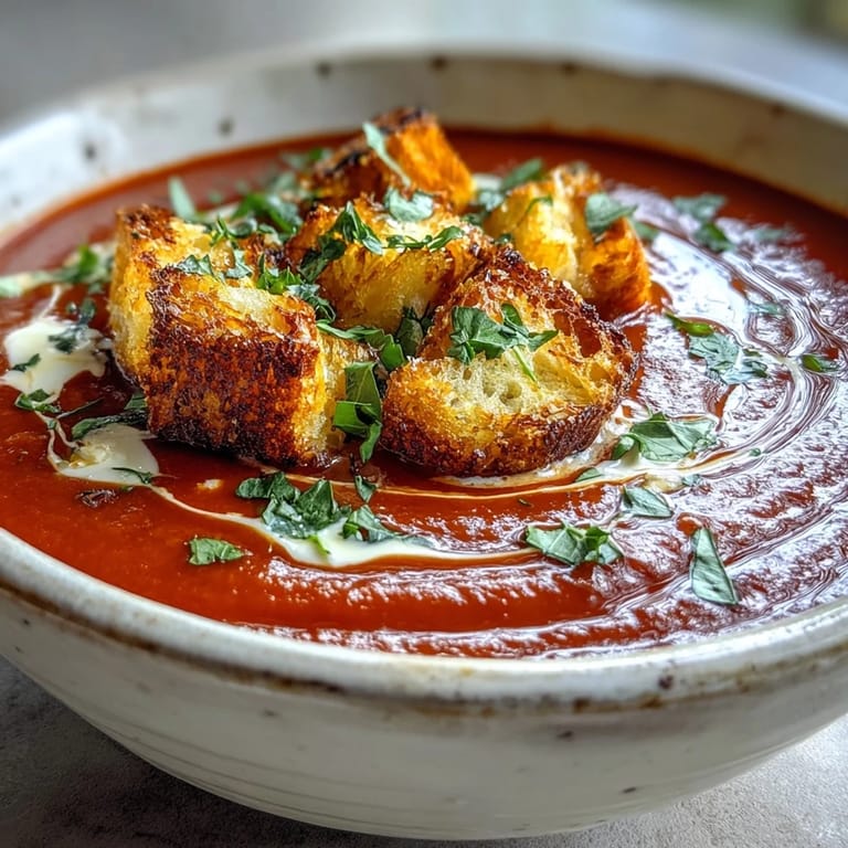 Velvety Roasted Red Pepper Soup in a rustic bowl, garnished with a drizzle of cream and spicy harissa.