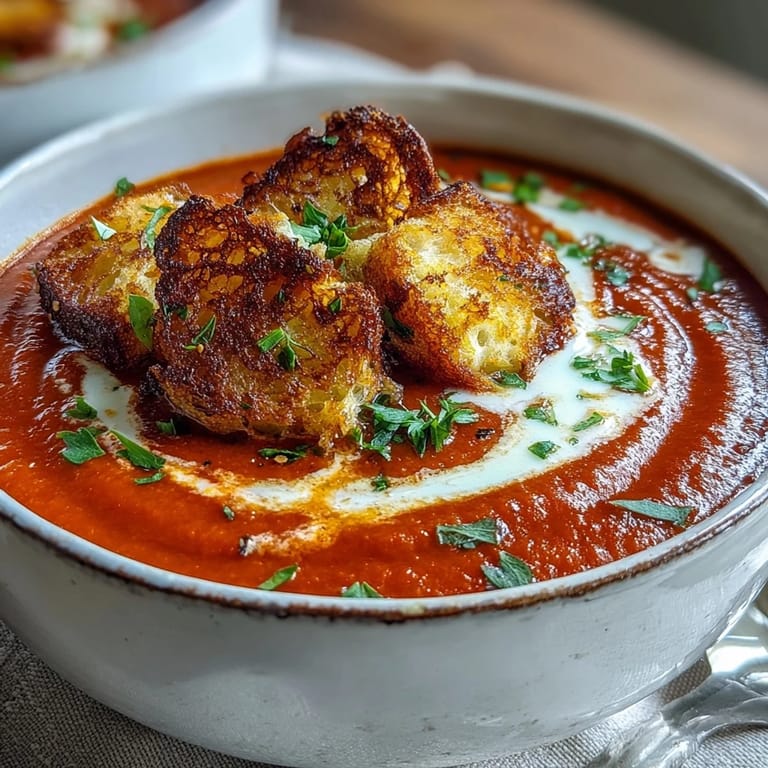A vibrant bowl of Roasted Red Pepper Soup featuring charred peppers and crispy croutons for texture.