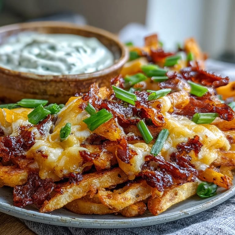 Melted cheese drips over smoky BBQ fries, with a generous side of homemade ranch dip.