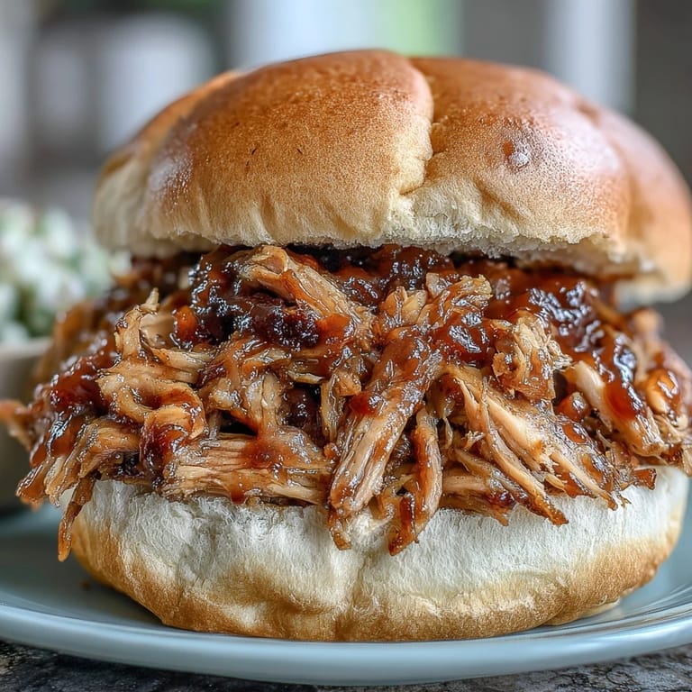 Golden shredded Applesauce Pulled Pork Sandwiches served with extra sauce and crisp pickle chips on the side.