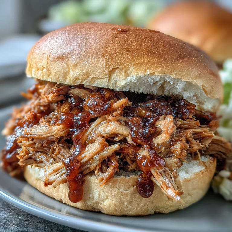 Fork-tender Applesauce Pulled Pork Sandwiches resting on a wooden board, garnished with fresh herbs and apple slices.