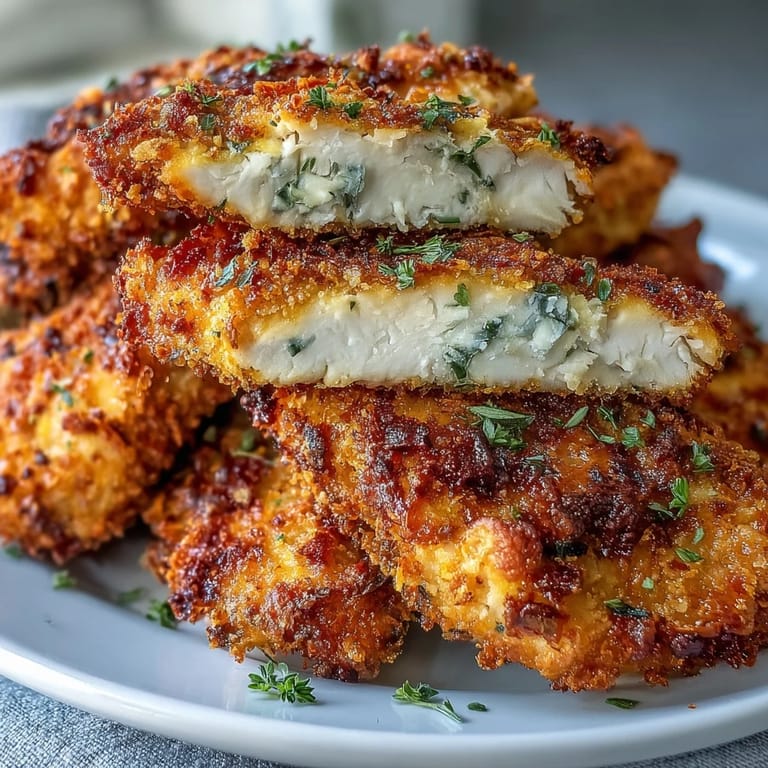 Golden, crunchy air fryer chicken strips with a Parmesan crumb coating, ready to dip in creamy sauce.