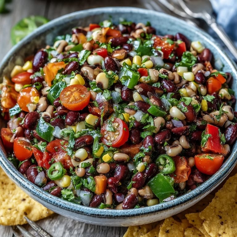 Textured Cowboy Caviar showcasing colorful bell peppers, beans, and corn.